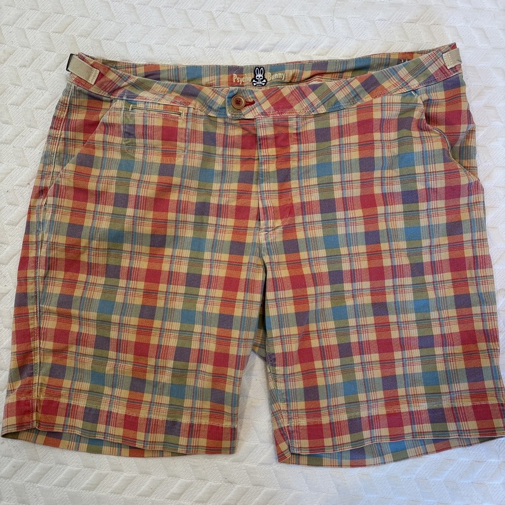 Psycho Bunny Embroidered Logo Plaid Golf Chino Shorts Men Size 38 Adjustable
